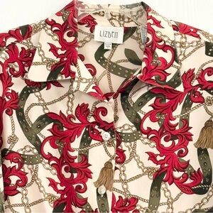 Lizden Baroque Chain Print Silk Button Down Shirt Blouse Sz S